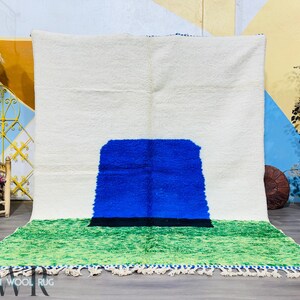 Modern Moroccan Rug, Handmade Wool Boujad Carpet, Blue and Green Abstract Design, Contemporary Berber Area Rug