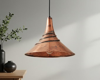 Handmade Aged Copper Spiral Pendant Light: Rustic Farmhouse Ceiling Lamp