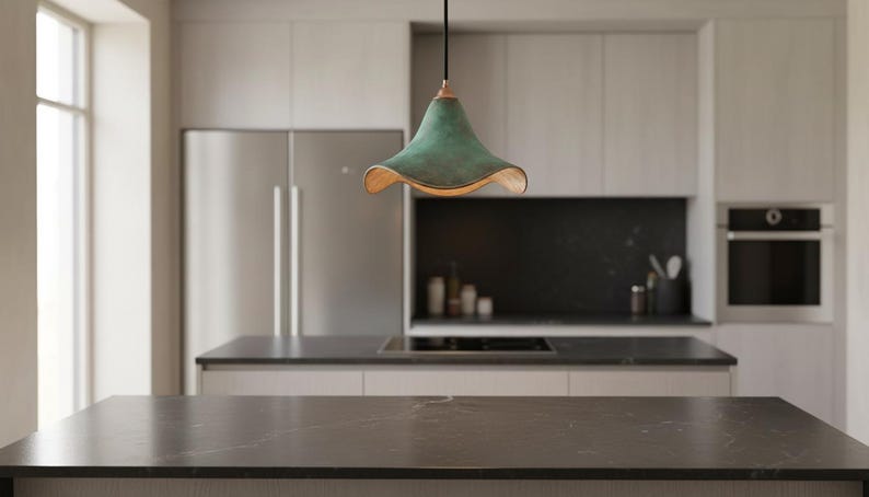 Green Patina Cone Pendant Light - Handmade Copper Lamp - Rustic Ceiling Fixture