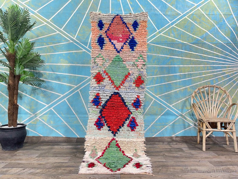 Vintage runner Boucherouite Rug, rug Living Room aesthetic, Hallway rug, Colorful Runner, Morocco Runner rug, Boucherouite rugs image 1
