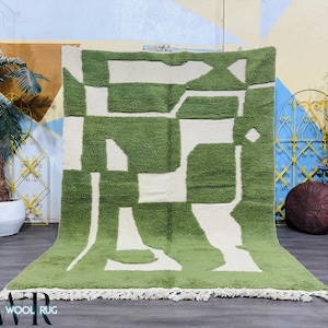 Modern Moroccan Rug - Handmade Wool Abstract Green Rug - Minimalist Shaggy Carpet - Contemporary Boho Decor