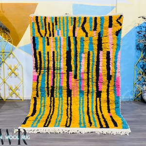 Personalized Yellow Rug, Berber Moroccan Rug, Striped Moroccan Handmade rug, Beni Ourain Style Rug, Yellow Morocco Rug