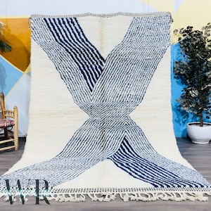 Handmade Beni Ourain Wool Rug: Striped White and Blue, Custom Berber Carpet