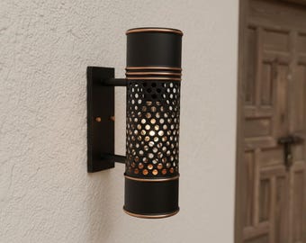 Aplique de pared artesanal, lámpara negra y de cobre, apliques rústicos para exteriores