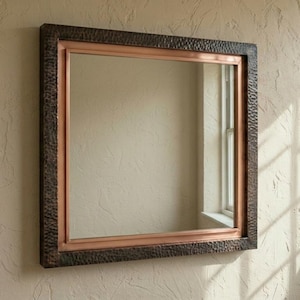 Hammered Copper Rectangular Mirror, Rustic Modern Wall Bathroom Vanity Mirror, Farmhouse Industrial Decor
