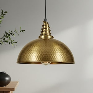 Hammered Brass Pendant Light, Handmade Moroccan Dome Ceiling Lamp, Rustic Modern Hanging Fixture