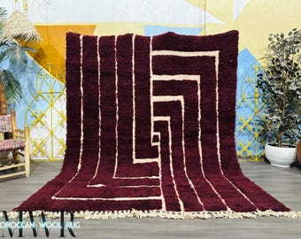 Burgundy Beni Ourain Rug: Handmade Moroccan Wool Shag Rug