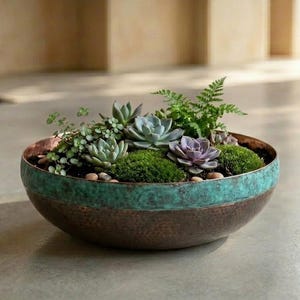 May include: A round, hammered copper bowl with a wide, oxidised teal-green band around the upper rim. The bowl is filled with soil, small pebbles, and a variety of green and purple succulents, moss, and small ferns arranged in a cluster.