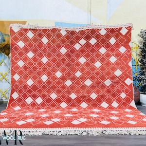 Red Moroccan Wool Rug – Handmade Berber Carpet with White Diamond Grid Pattern | Geometric Beni Ourain Style Shag Rug | Ready to Ship