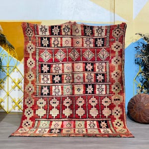 Antique Tribal Wool Rug | Vintage Moroccan Berber Carpet | Minimalist Geometric Design | Living Room Rug