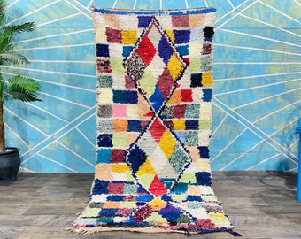 Authentic Moroccan rug, Boucherouite Berber rug - Checkered rug - Colorful Handmade rug - Boucherouite - Morocco Vintage rug - Bohemian rug