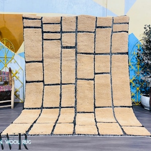 Large Beni Ourain Rug: Handmade Wool Berber Rug with Black Grid