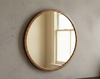 Hand-Hammered Copper Round Wall Mirror, Rustic Farmhouse Hanging Mirror