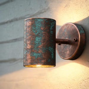 Handmade Hammered Copper Wall Sconce: Green Patina Industrial Lighting