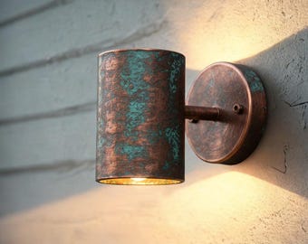 Handmade Hammered Copper Wall Sconce: Green Patina Industrial Lighting