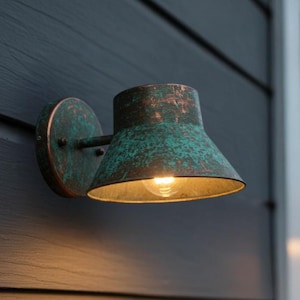 Rustic Patina Brass Wall Light: Farmhouse Cone Sconce