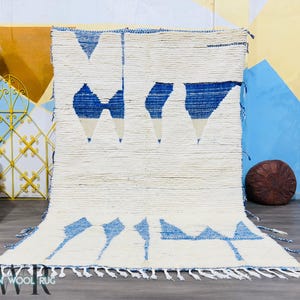 Blue and White Moroccan Rug- Handmade Beni Ourain Style Wool Rug- Modern Geometric Berber Carpet- Natural Wool Area Rug- Boho Neutral Decor