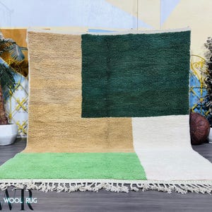 Handmade Green Moroccan Wool Rug: Berber Shag Carpet, Modern Beni Ourain Style