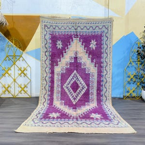 Purple Vintage Moroccan Rug - Handwoven Wool Berber Carpet - Boho Area Rug - Ethnic Purple Decor