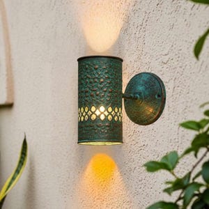 Handmade Hammered Copper Wall Light: Rustic Green Patina Sconce