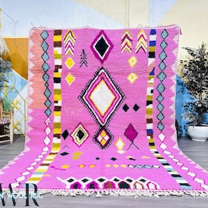 Handmade Pink Moroccan Wool Rug: Colorful Berber Tribal Design