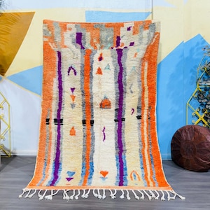Vintage Orange Boujaad Rug: Handwoven Moroccan Berber Wool Carpet (4.7 ft x 7 ft)