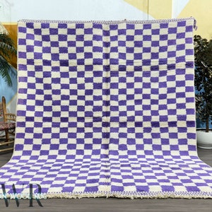 Checkered Moroccan Wool Rug - White and Purple Checkerboard Carpet - Handmade Rug - Custom Checkered Rug - Large Area Rug