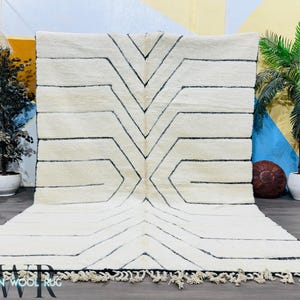 Alfombra personalizada anudada a mano - Alfombra marroquí a rayas - Alfombra blanca y negra - Alfombra totalmente de lana - Alfombra de 8x10 - Alfombra bohemia marroquí