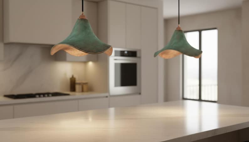 Green Patina Cone Pendant Light - Handmade Copper Lamp - Rustic Ceiling Fixture