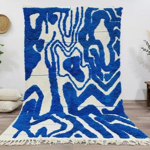 Handmade Beni Ourain Rug: Blue Twisted Lines, Moroccan Berber Carpet