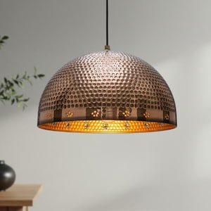 Hammered Copper Dome Pendant Light, Handmade Moroccan Ceiling Lamp, Rustic Industrial Kitchen Island Lighting