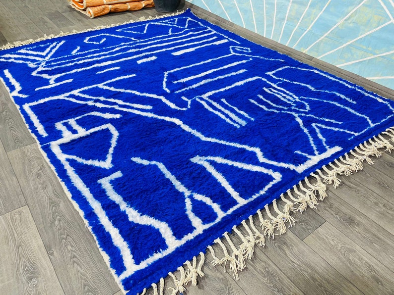 Custom Moroccan Blue Rug Berber Wool Rug Blue and White Rug Handmade