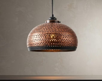 Handcrafted Copper Dome Pendant Light: Black Patina, Rustic Industrial Chandelier