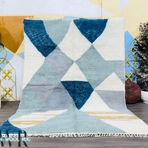 Blue Geometric Moroccan Wool Rug - Handmade Modern Berber Carpet - Soft Minimalist Wool Area Rug - Morocco Rug