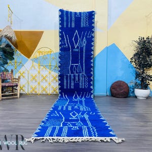 Royal Blue Moroccan Runner Rug, Handwoven Berber Wool, Beni Ourain Style Hallway, Entryway Runner, Boho Tribal Floor Decor