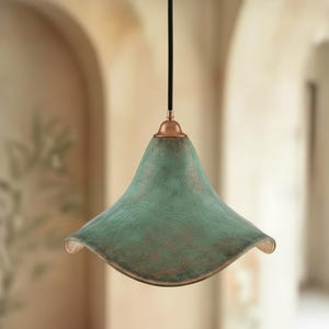 Green Patina Cone Pendant Light - Handmade Copper Lamp - Rustic Ceiling Fixture