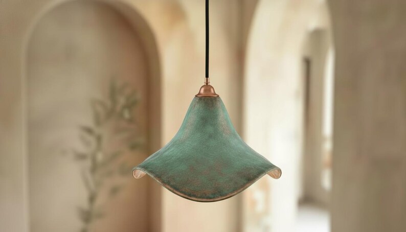 Green Patina Cone Pendant Light - Handmade Copper Lamp - Rustic Ceiling Fixture
