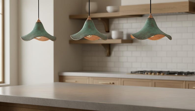 Green Patina Cone Pendant Light - Handmade Copper Lamp - Rustic Ceiling Fixture