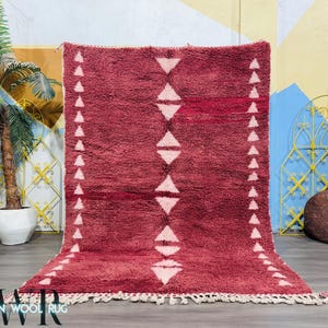 Handmade Moroccan Wool Rug - Red Beni Ourain Style Rug - Geometric Tribal Berber Carpet - Boho Shaggy Wool Rug - Custom Moroccan Area Rug