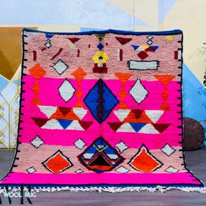 Handmade Pink Wool Berber Rug: Moroccan Geometric Design