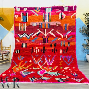 Red Moroccan Wool Rug: Handmade Berber Beni Ourain Carpet (6.7 ft x 9.4 ft)