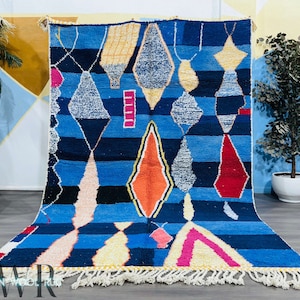 Handmade Beni Ourain Moroccan Rug, Berber Carpet, Custom Blue Rug, Handmade Rug, Abstract Morocco Rug, Blue Area Rug, Wool Rug