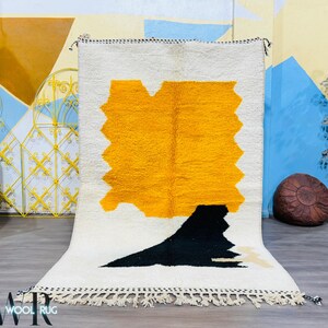 Handmade Moroccan Beni Ourain Rug, Yellow & Black Abstract Wool Carpet, Minimalist Berber Rug