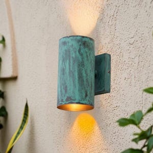 Handmade Hammered Copper Wall Sconce: Green Patina, Rustic Farmhouse Light