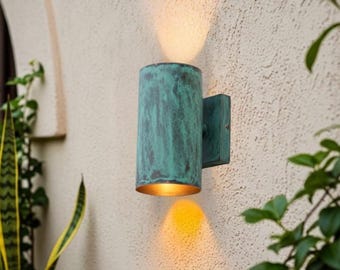 Handmade Hammered Copper Wall Sconce: Green Patina, Rustic Farmhouse Light