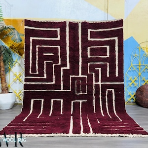 Burgundy Moroccan Wool Rug - Custom Geometric Berber Carpet - Handmade Abstract Shag Rug - Bold Beni Ourain Style - Tufted Area Rug
