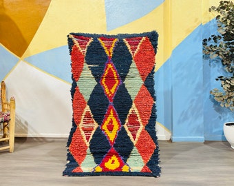 Authentic Boucherouite Rug, Moroccan Wool rug, Berber Area rug, Blue and Red Vintage Rug, Tapis Marocain
