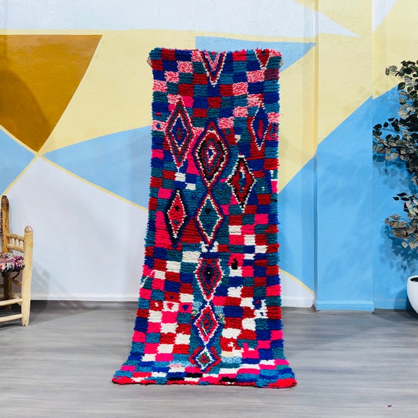 Boucherouite Moroccan rug, Colorful Checkered Moroccan rug, Vintage Wool rug, Morocco rug, Berber rug, Handmade rug, Boho rug