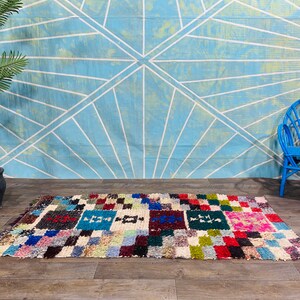 Colorful Boucherouite Rug, Checker Rug, Tapis Berbere, Boucherouite Vintage Rug, Handmade Fabric Rug, Vintage Entryway carpet image 2