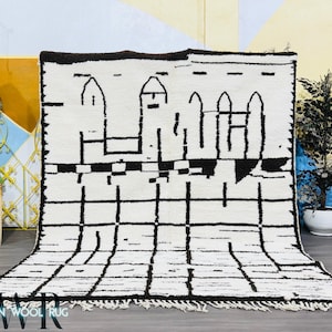 Beni Ourain Style Rug - Handmade in Black & White Line Design - Custom Handmade Rug - Moroccan Rug 8x10 - Wool Rug